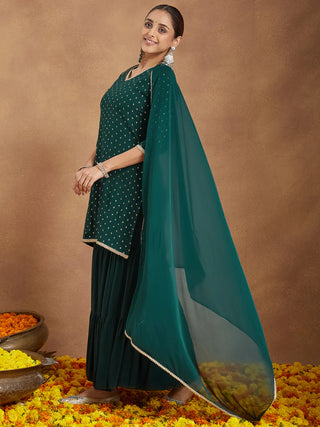Dark Green Rayon Embellished Foil Print A-Line Sharara Set with Chiffon Dupatta