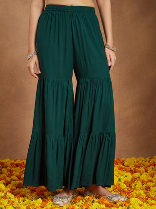 Dark Green Rayon Embellished Foil Print A-Line Sharara Set with Chiffon Dupatta