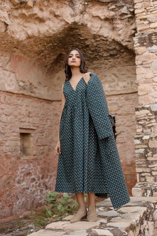 Green Block Printed Dress With Quilted Jacket