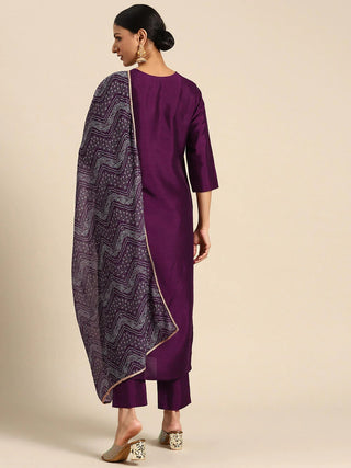 Purple Crepe Silk Embroidered Suit Set