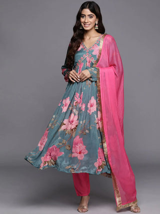 Blue Floral Printed Embroidered Silk Suit Set With Shantoon Pants And Silk Chiffon Dupatta