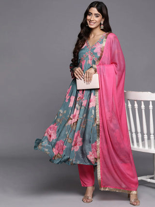 Blue Floral Printed Embroidered Silk Suit Set With Shantoon Pants And Silk Chiffon Dupatta