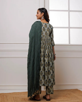 Forest Green Block Printed Suit Set With Dupatta