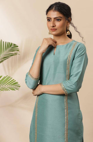 Poly Silk Green Kurta Palazzo Set