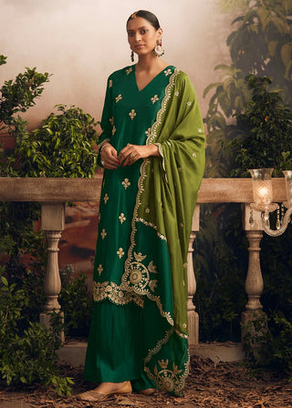 Modal Silk Bottle Green Embroidered Suit Set