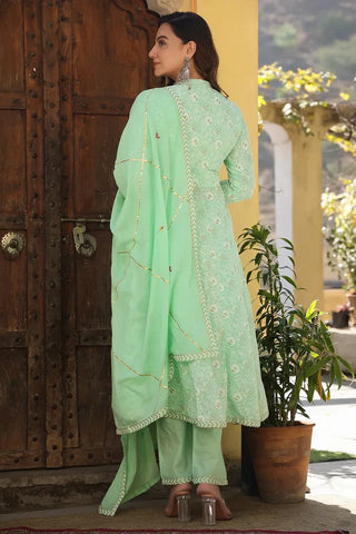 Green & Beige Cotton Printed & Embroidered Anarkali Set with Organza Dupatta