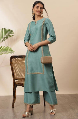 Poly Silk Green Kurta Palazzo Set