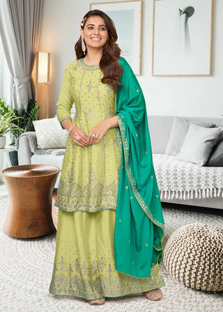 Pista Green Embroidered Chinnon Palazzo Suit Set
