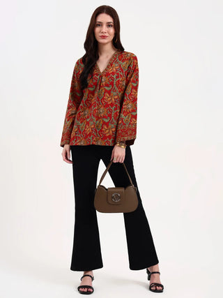 Green & Red Cotton Straight Top