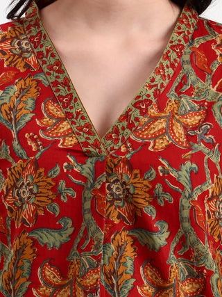 Green & Red Cotton Straight Top