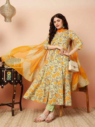 Green & Mustard Pure Cotton Floral Print Anarkali Shape Suit Set with Dupatta