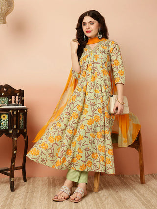 Green & Mustard Pure Cotton Floral Print Anarkali Shape Suit Set with Dupatta