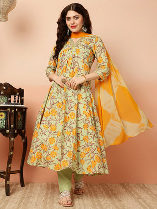 Green & Mustard Pure Cotton Floral Print Anarkali Shape Suit Set with Dupatta