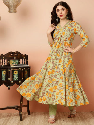 Green & Mustard Pure Cotton Floral Print Anarkali Shape Suit Set with Dupatta