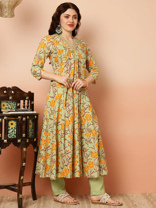 Green & Mustard Pure Cotton Floral Print Anarkali Shape Suit Set with Dupatta