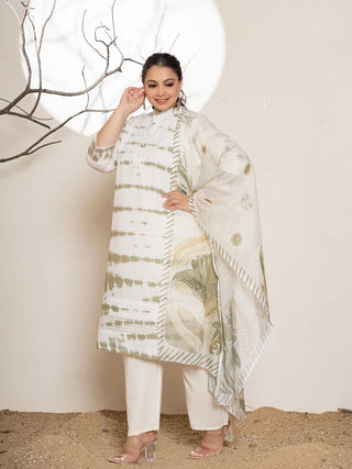 Green & White Cotton Abstract Print & Embroidered Kurta with Viscose Rayon Solid Bottom and a Voile Dupatta