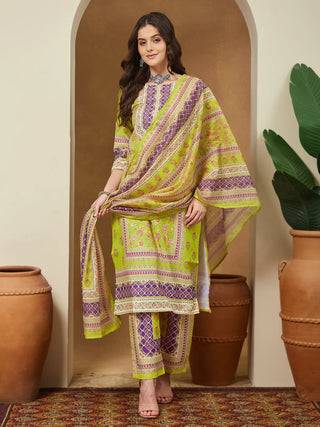 Green & Purple Cotton Blend Floral Print Kurta with Rayon Botton and Chanderi Blend Dupatta