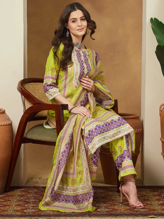 Green & Purple Cotton Blend Floral Print Kurta with Rayon Botton and Chanderi Blend Dupatta