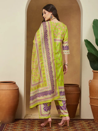 Green & Purple Cotton Blend Floral Print Kurta with Rayon Botton and Chanderi Blend Dupatta