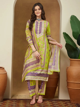 Green & Purple Cotton Blend Floral Print Kurta with Rayon Botton and Chanderi Blend Dupatta