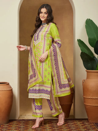 Green & Purple Cotton Blend Floral Print Kurta with Rayon Botton and Chanderi Blend Dupatta