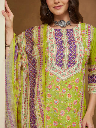 Green & Purple Cotton Blend Floral Print Kurta with Rayon Botton and Chanderi Blend Dupatta
