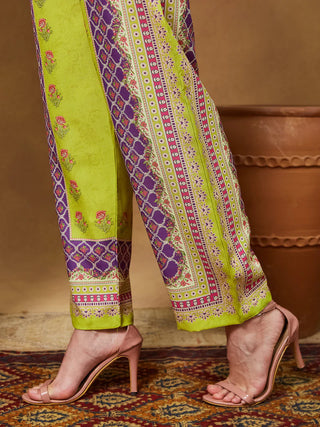 Green & Purple Cotton Blend Floral Print Kurta with Rayon Botton and Chanderi Blend Dupatta