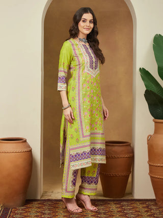 Green & Purple Cotton Blend Floral Print Kurta with Rayon Botton and Chanderi Blend Dupatta