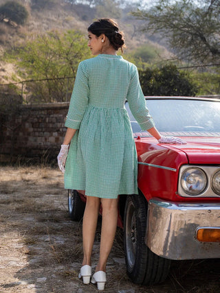 Green & White Cotton Checked Print & Embroidered A Line Dress