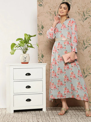 Grey & Peach Floral Print A Line Dress with Belt