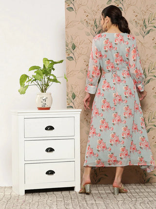 Partywear Dress Online USA | Grey & Peach Silk Chiffon Floral Print A Line Dress with Belt Ria Fashions Partywear Dress Online USA | Grey & Peach Silk Chiffon Floral Print A Line Dress with Belt Ria Fashions