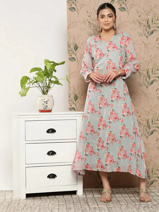 Grey & Peach Floral Print A Line Dress with Belt