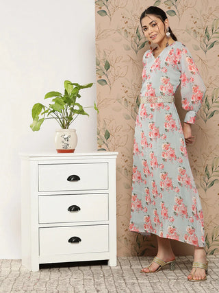 Grey & Peach Floral Print A Line Dress with Belt