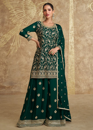 Bottle Green Chinon Silk Embroidered Sharara Suit Set with Dupatta