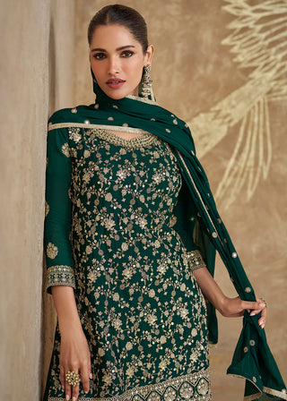 Bottle Green Chinon Silk Embroidered Sharara Suit Set with Dupatta