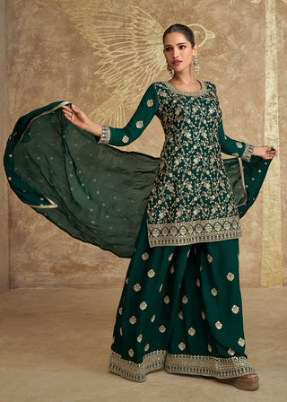 Bottle Green Chinon Silk Embroidered Sharara Suit Set with Dupatta