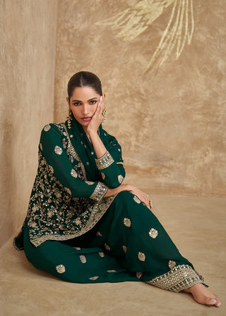 Bottle Green Chinon Silk Embroidered Sharara Suit Set with Dupatta