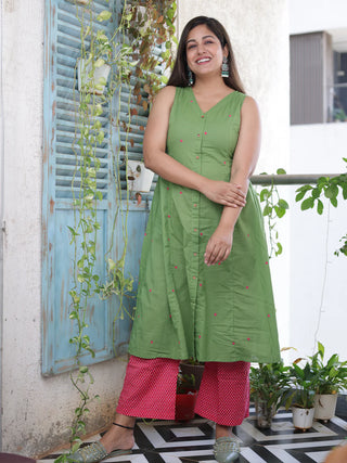 Green Cotton A Line Geometric Kurta Bottom Set