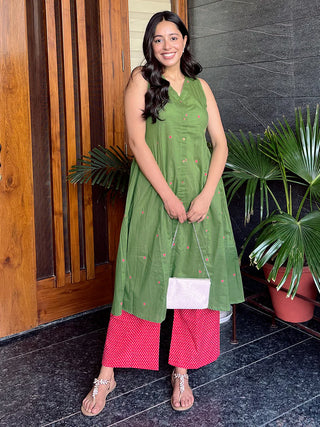 Green Cotton A Line Geometric Kurta Bottom Set