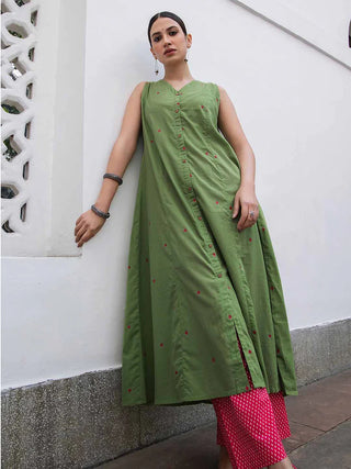 Green Cotton A Line Geometric Kurta Bottom Set