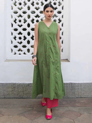 Green Cotton A Line Geometric Kurta Bottom Set