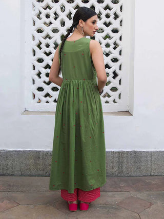 Green Cotton A Line Geometric Kurta Bottom Set
