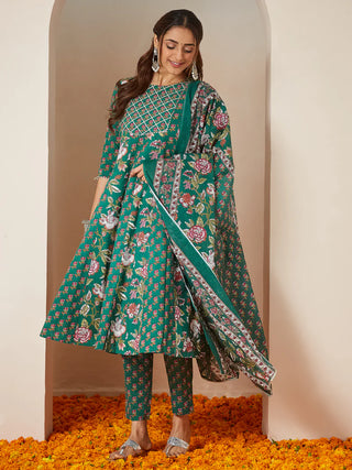 Green Pure Cotton Floral Print Yoke Design Anarkali Style Suit Set with Dupatta