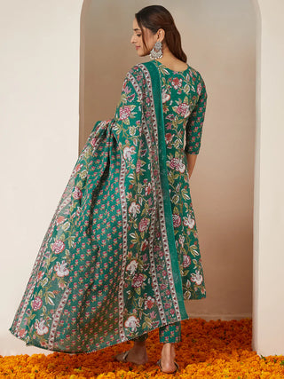 Green Pure Cotton Floral Print Yoke Design Anarkali Style Suit Set with Dupatta