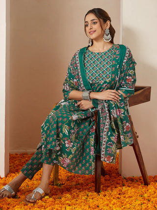 Green Pure Cotton Floral Print Yoke Design Anarkali Style Suit Set with Dupatta