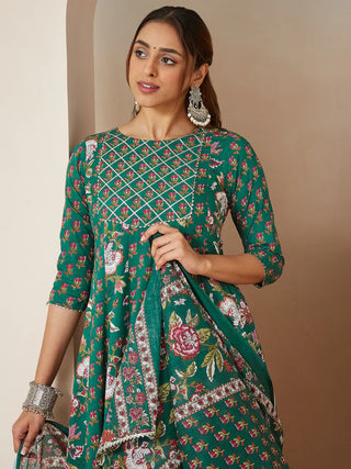 Green Pure Cotton Floral Print Yoke Design Anarkali Style Suit Set with Dupatta