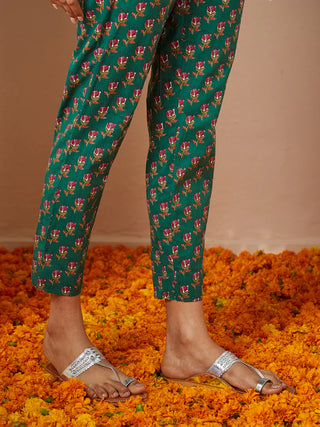 Green Pure Cotton Floral Print Yoke Design Anarkali Style Suit Set with Dupatta