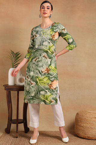 Green Cotton Abstract Print & Embroidered Straight Shape Kurta