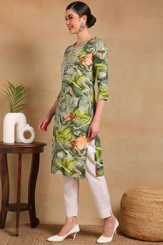 Green Cotton Abstract Print & Embroidered Straight Shape Kurta