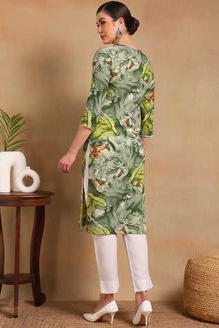 Green Cotton Abstract Print & Embroidered Straight Shape Kurta